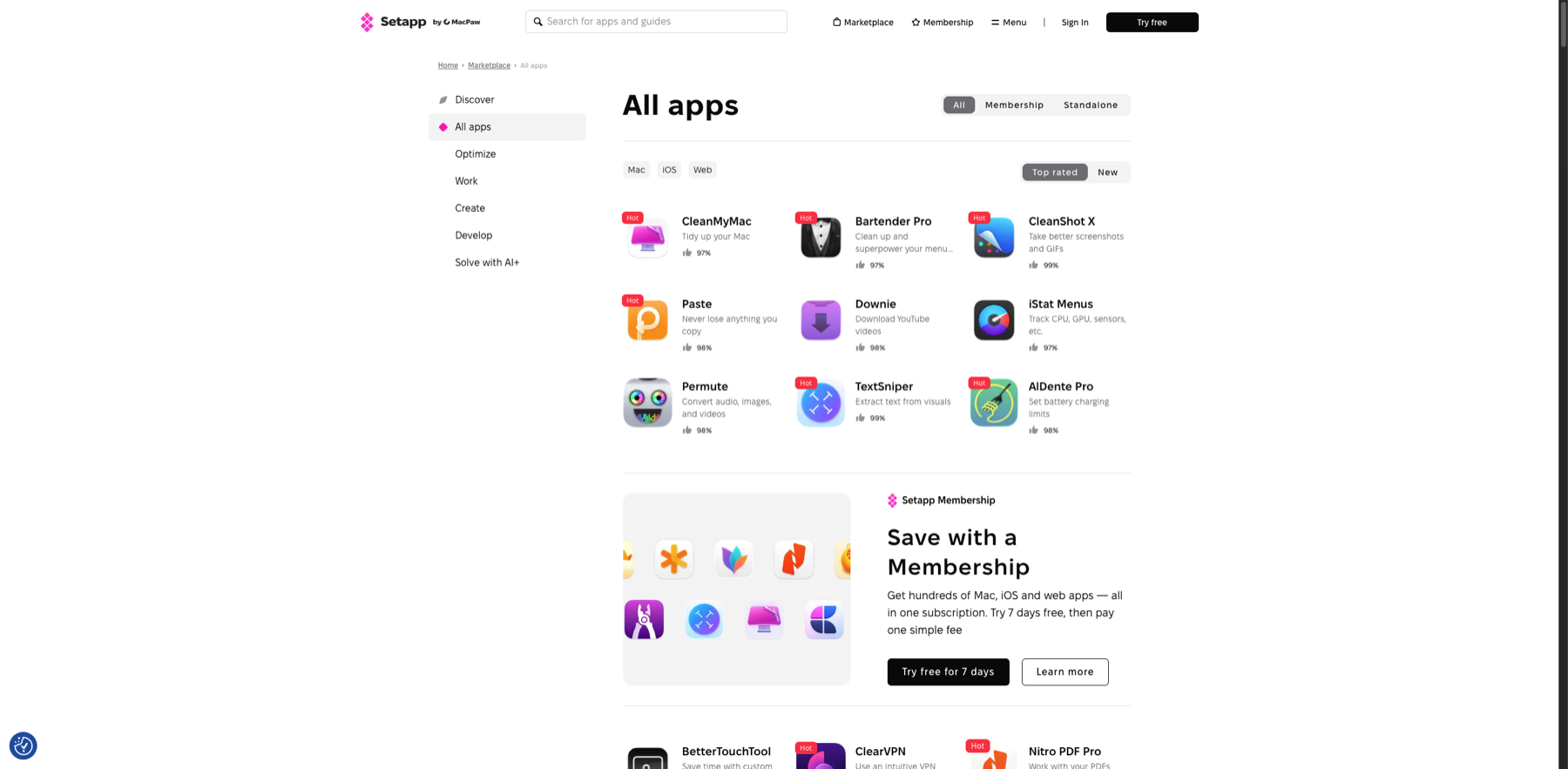 Setapp 应用目录,标出任务类别、设备、会员类型和排序筛选